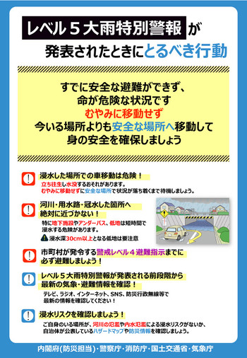 レベル5大雨特別警報が発表されたときにとるべき行動チラシ